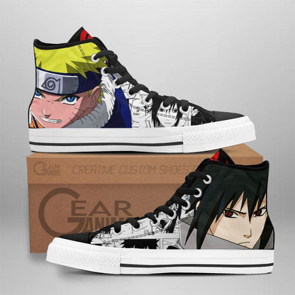 Custom Naruto Anime High Top Shoes Featuring Sasuke Uchiha and Nrt Uzumaki – Mix Manga Sneakers