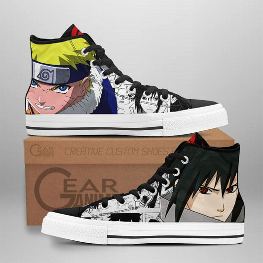 Custom Naruto Anime High Top Shoes Featuring Sasuke Uchiha and Nrt Uzumaki – Mix Manga Sneakers