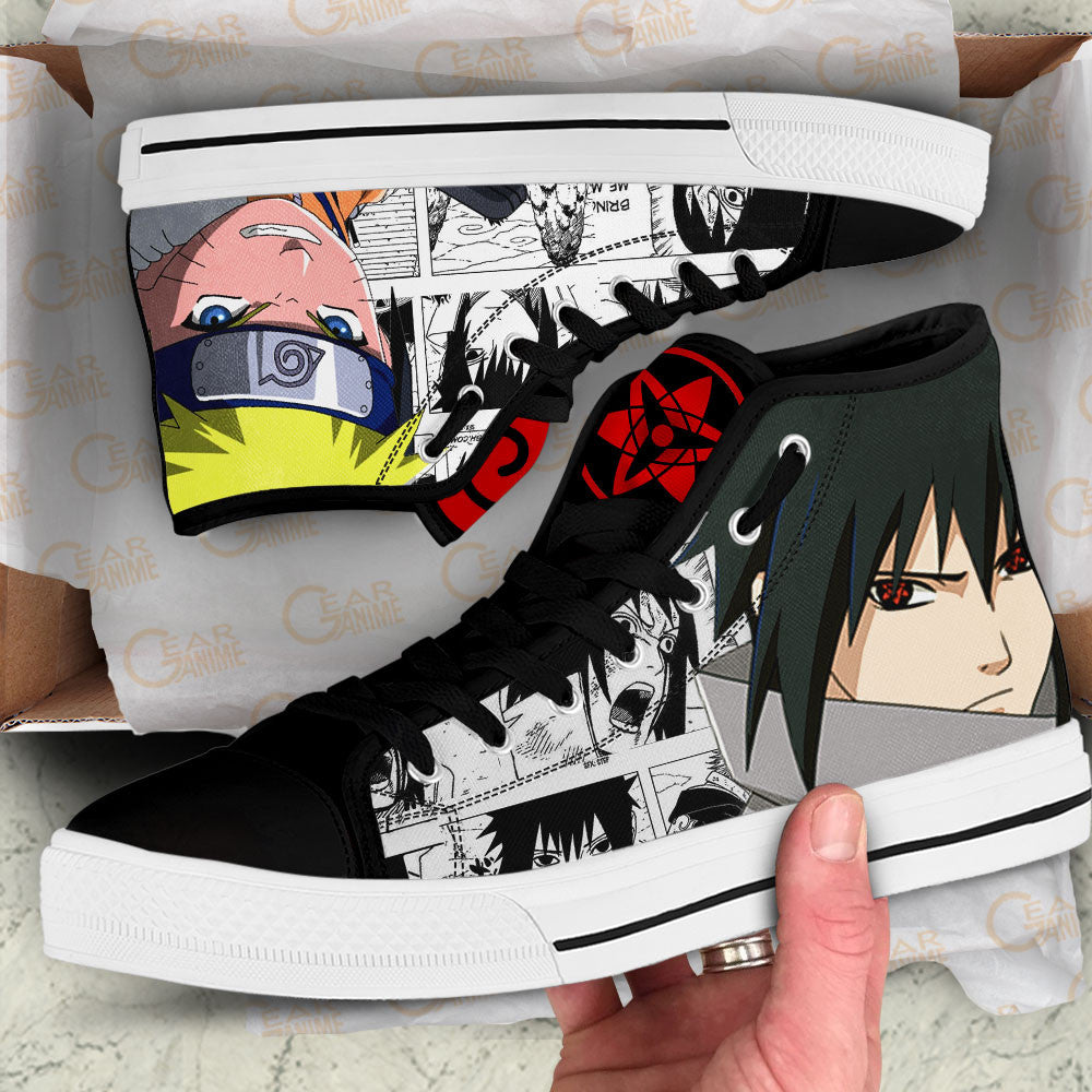 Custom Naruto Anime High Top Shoes Featuring Sasuke Uchiha and Nrt Uzumaki – Mix Manga Sneakers