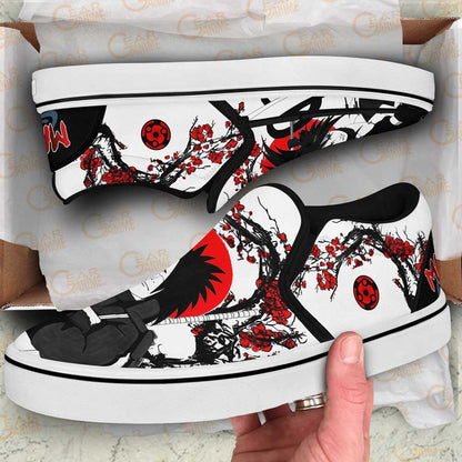 Custom Uchiha Madara Anime Slip-On Shoes with Japan Blossom Design – Naruto Canvas Shoes