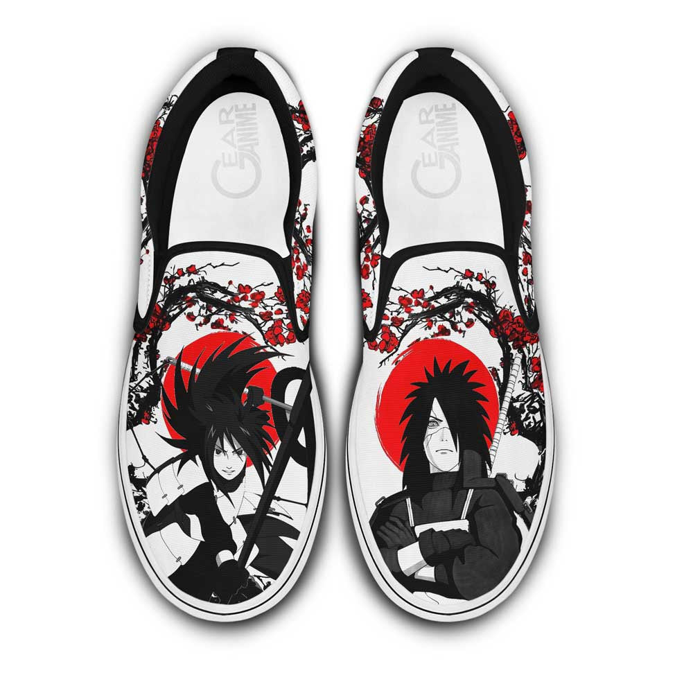 Custom Uchiha Madara Anime Slip-On Shoes with Japan Blossom Design – Naruto Canvas Shoes