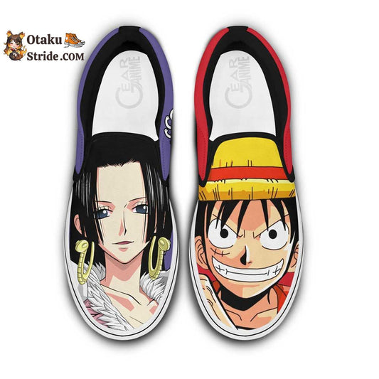 Custom Anime One Piece Slip On Sneakers Featuring Boa Hancock and Luffy