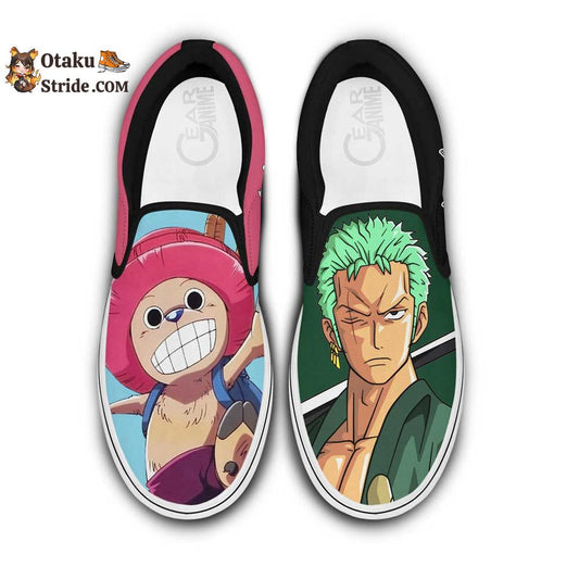 Custom Anime One Piece Slip On Sneakers Featuring Chopper and Zoro
