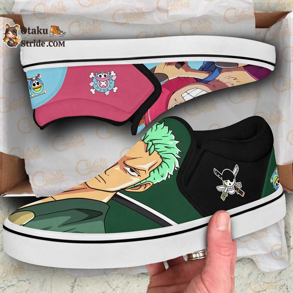 Custom Anime One Piece Slip On Sneakers Featuring Chopper and Zoro