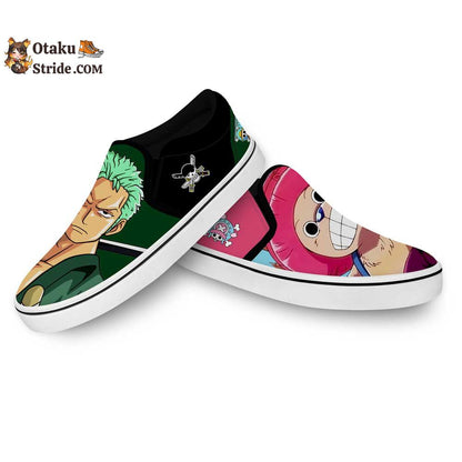 Custom Anime One Piece Slip On Sneakers Featuring Chopper and Zoro