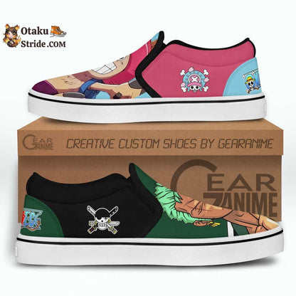 Custom Anime One Piece Slip On Sneakers Featuring Chopper and Zoro