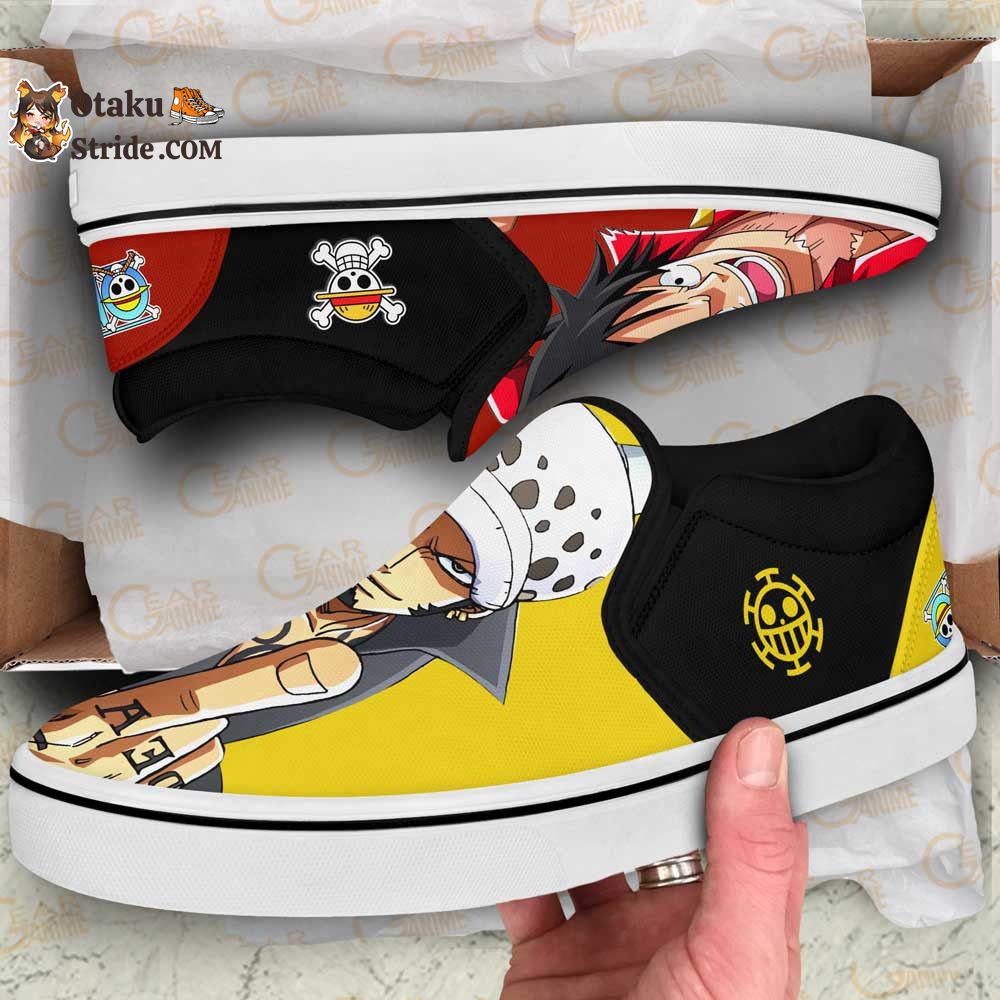 Custom Anime One Piece Slip On Sneakers Featuring Luffy and Law Design