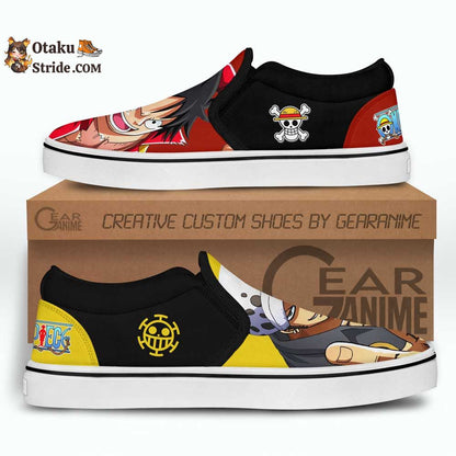 Custom Anime One Piece Slip On Sneakers Featuring Luffy and Law Design