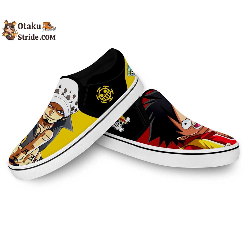 Custom Anime One Piece Slip On Sneakers Featuring Luffy and Law Design