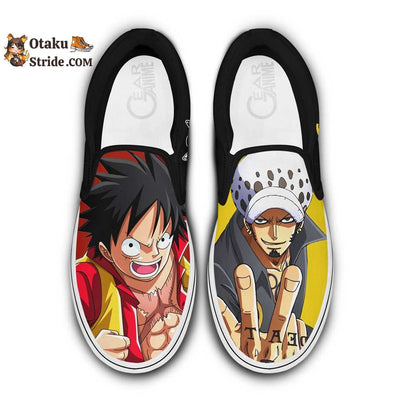 Custom Anime One Piece Slip On Sneakers Featuring Luffy and Law Design