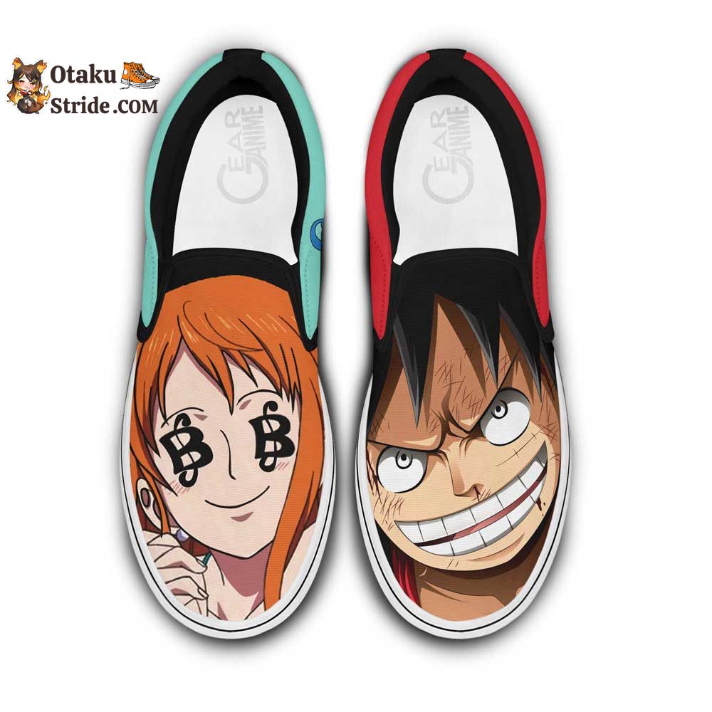 Custom Anime One Piece Slip On Sneakers Featuring Nami and Luffy