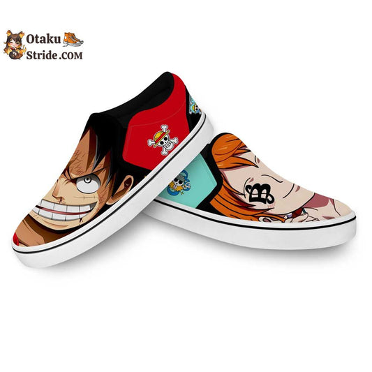 Custom Anime One Piece Slip On Sneakers Featuring Nami and Luffy