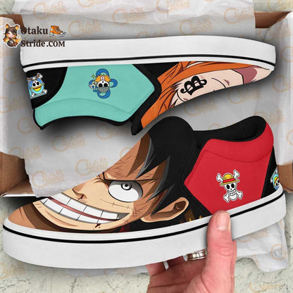 Custom Anime One Piece Slip On Sneakers Featuring Nami and Luffy