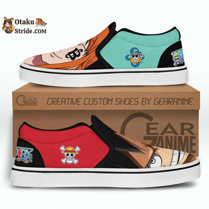 Custom Anime One Piece Slip On Sneakers Featuring Nami and Luffy