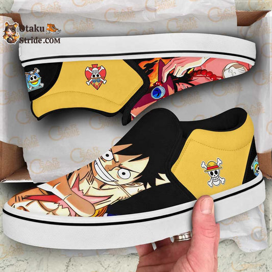 Custom Anime One Piece Slip On Sneakers Featuring Portgas Ace and Luffy