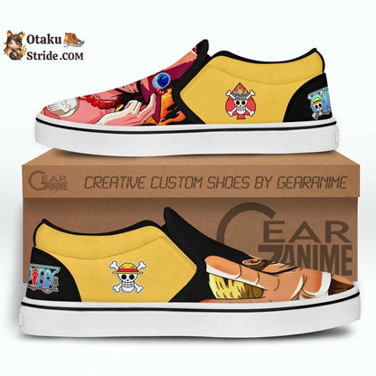 Custom Anime One Piece Slip On Sneakers Featuring Portgas Ace and Luffy