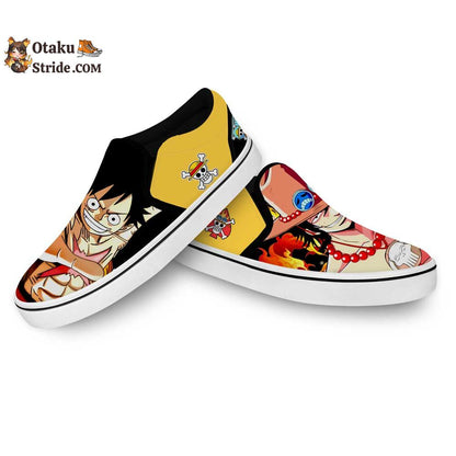 Custom Anime One Piece Slip On Sneakers Featuring Portgas Ace and Luffy