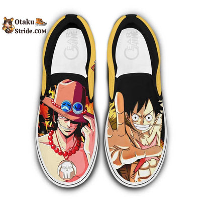 Custom Anime One Piece Slip On Sneakers Featuring Portgas Ace and Luffy