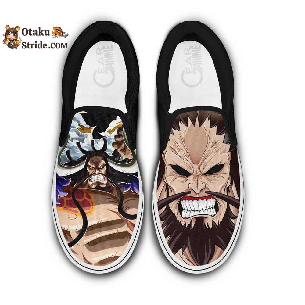 Custom Anime One Piece Slip On Sneakers Featuring Yonko Kaido Design – Unique Footwear for Fans