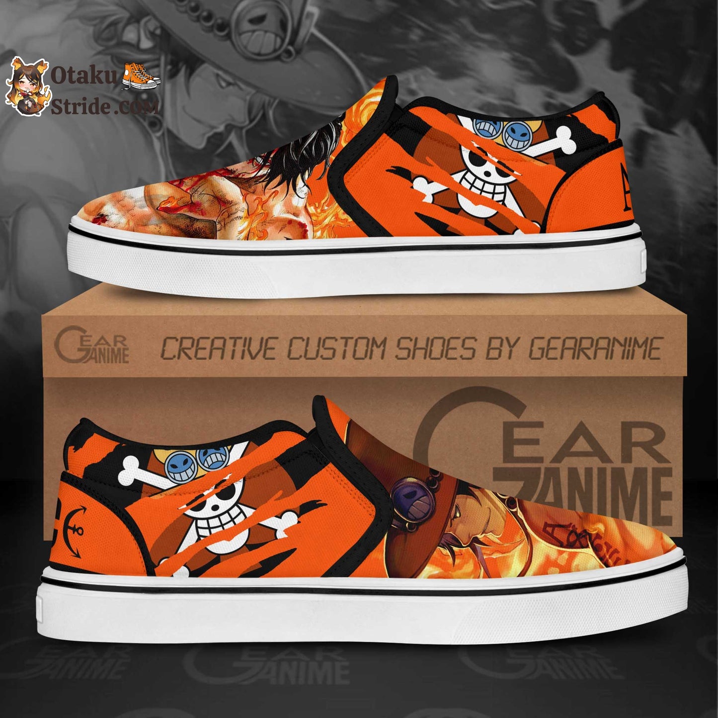 Custom Anime Shoes – Portgas D Ace Slip On Sneakers – One Piece Inspired Footwear