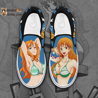 Custom Anime Slip On Sneakers featuring Nami from One Piece