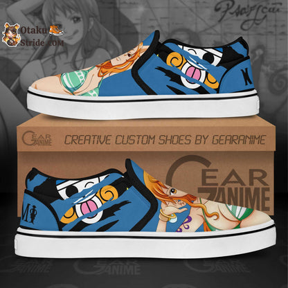 Custom Anime Slip On Sneakers featuring Nami from One Piece