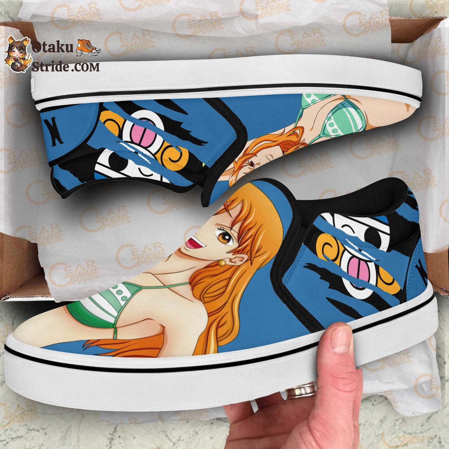 Custom Anime Slip On Sneakers featuring Nami from One Piece