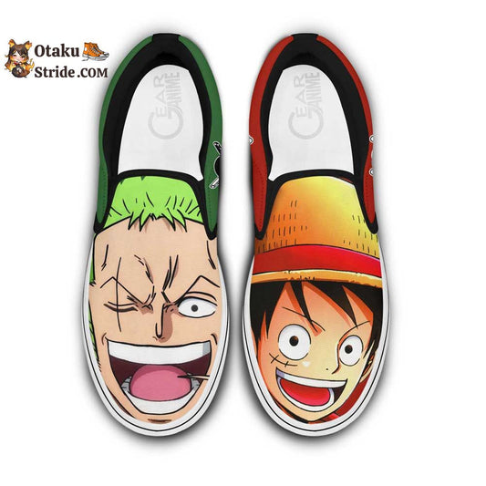 Custom One Piece Anime Slip On Sneakers Featuring Luffy and Zoro Designs