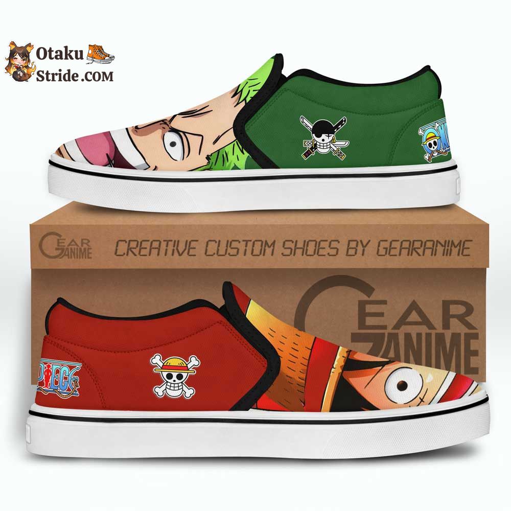 Custom One Piece Anime Slip On Sneakers Featuring Luffy and Zoro Designs