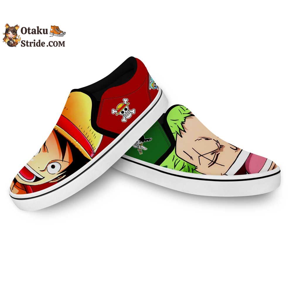 Custom One Piece Anime Slip On Sneakers Featuring Luffy and Zoro Designs