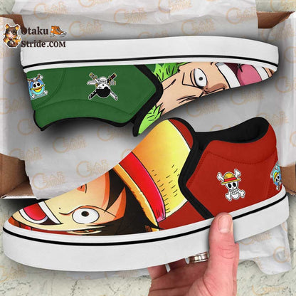 Custom One Piece Anime Slip On Sneakers Featuring Luffy and Zoro Designs