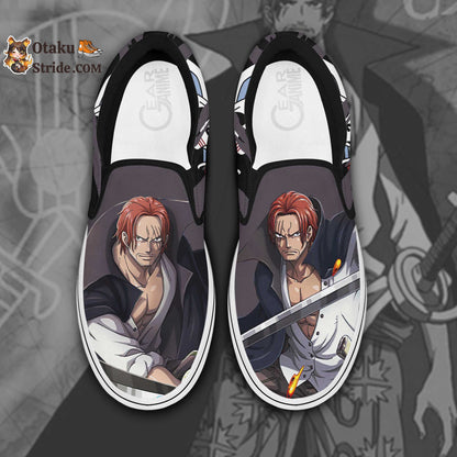 Custom One Piece Anime Slip On Sneakers with Red Hair Design – Unique Footwear