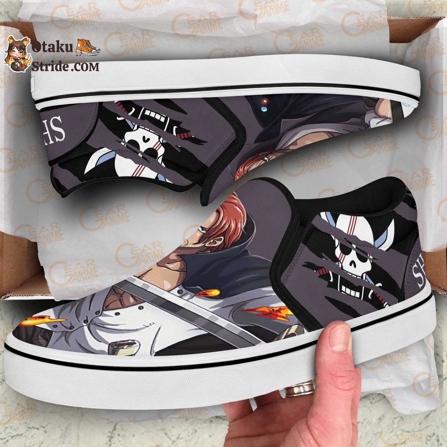 Custom One Piece Anime Slip On Sneakers with Red Hair Design – Unique Footwear