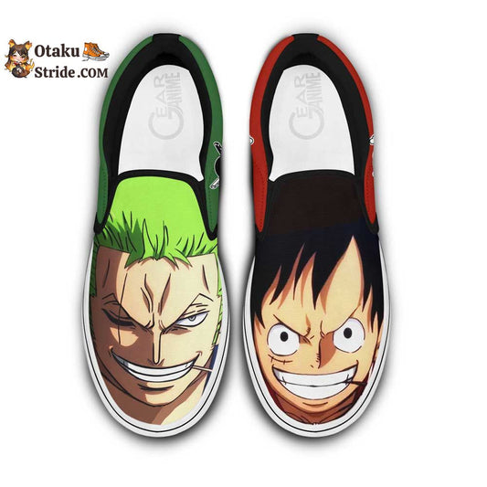 Custom Wano Anime Slip On Sneakers Featuring Luffy and Zoro from One Piece