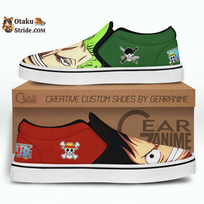 Custom Wano Anime Slip On Sneakers Featuring Luffy and Zoro from One Piece