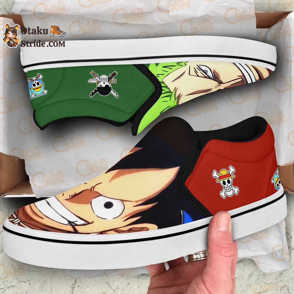 Custom Wano Anime Slip On Sneakers Featuring Luffy and Zoro from One Piece