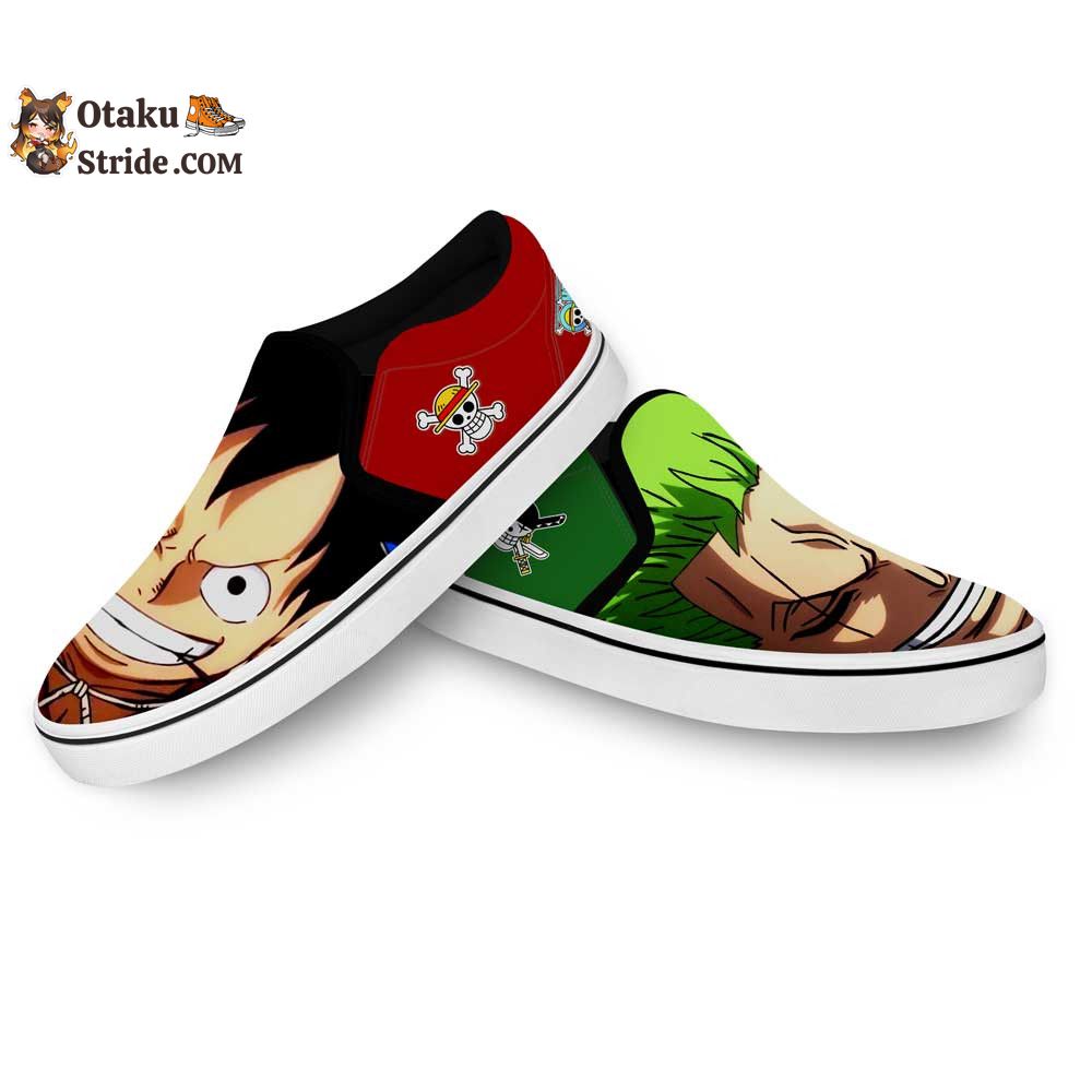 Custom Wano Anime Slip On Sneakers Featuring Luffy and Zoro from One Piece