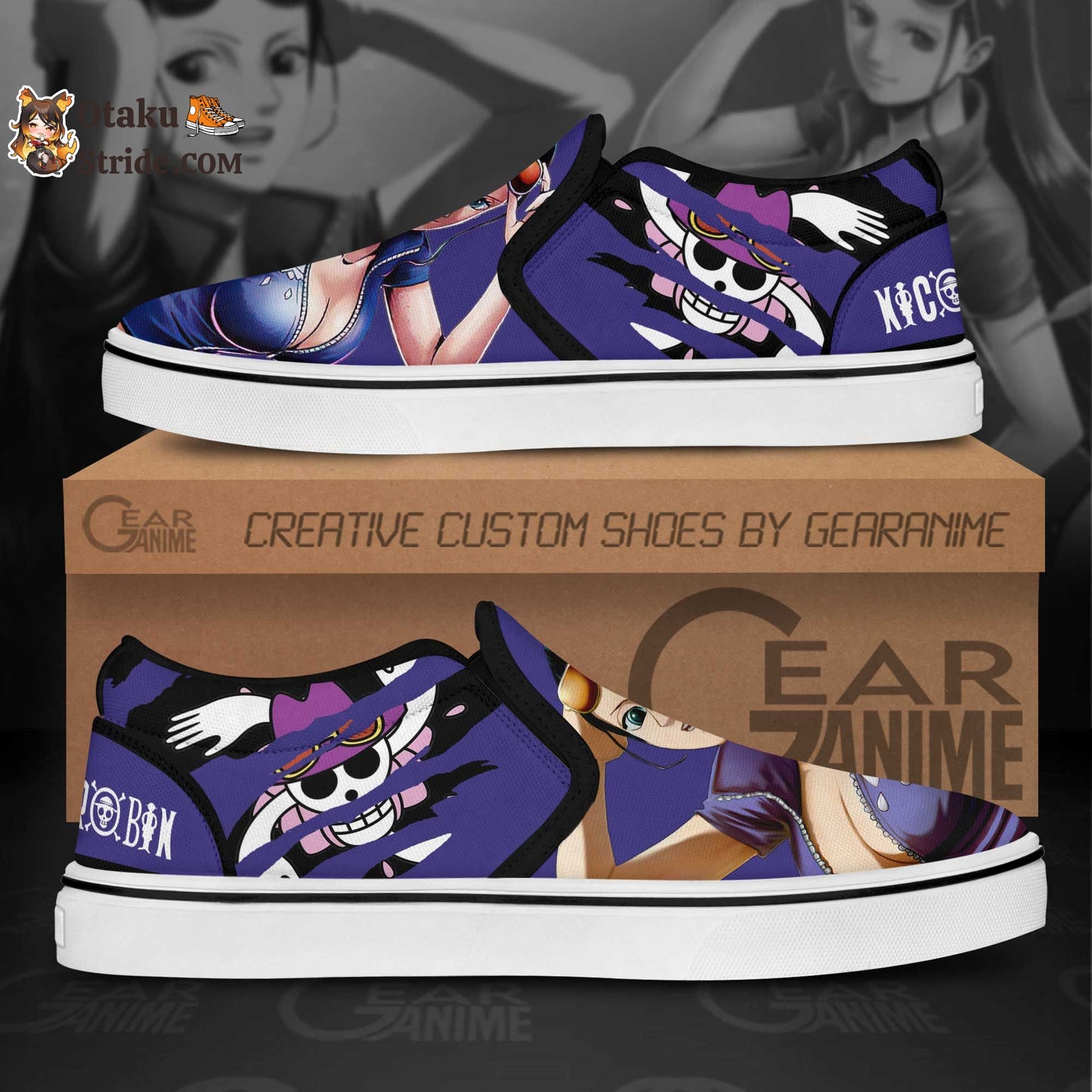 Nico Robin One Piece Anime Slip On Sneakers – Custom Printed Footwear