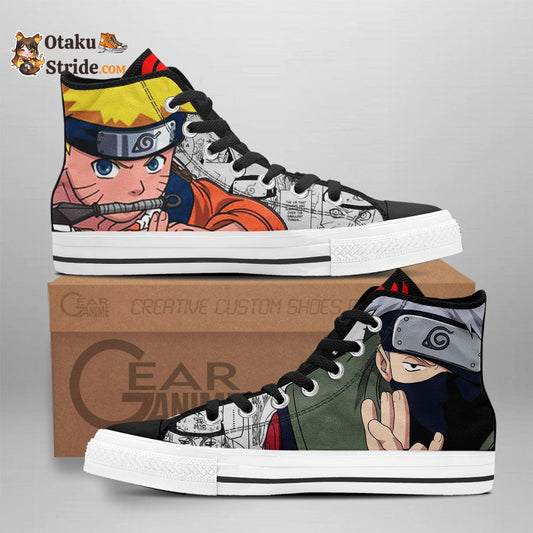 Custom Naruto Anime High Top Sneakers Featuring Kakashi Hatake and Nrt Uzumaki Characters