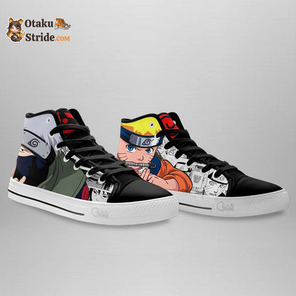 Custom Naruto Anime High Top Sneakers Featuring Kakashi Hatake and Nrt Uzumaki Characters