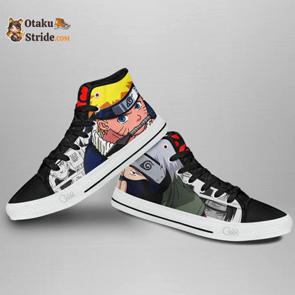 Custom Naruto Anime High Top Sneakers Featuring Kakashi Hatake and Nrt Uzumaki Characters